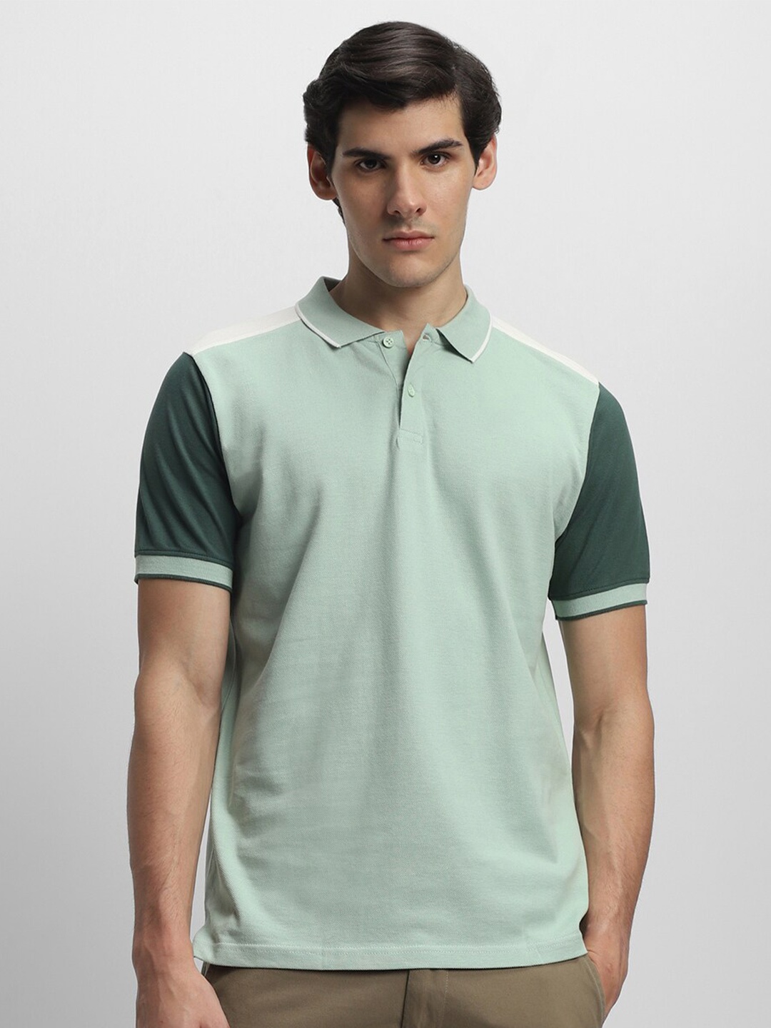 

Dennis Lingo Colourblocked Polo Collar Pure Cotton T-Shirt, Green