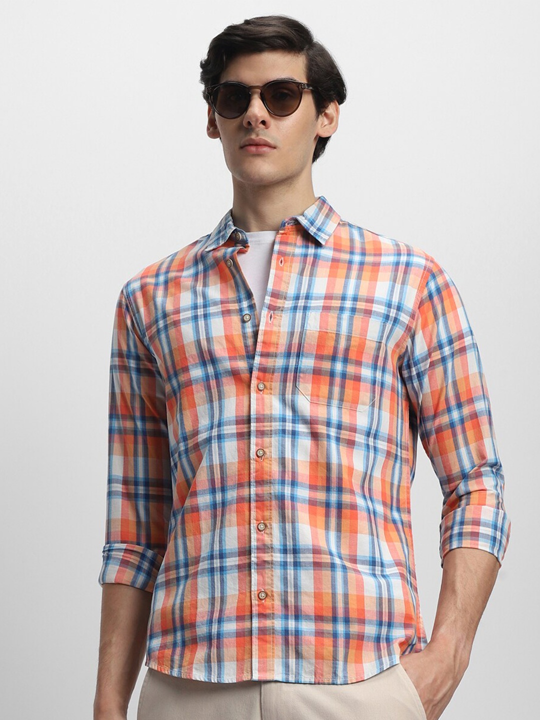 

Dennis Lingo Slim Fit Tartan Checks Opaque Pure Cotton Casual Shirt, Orange