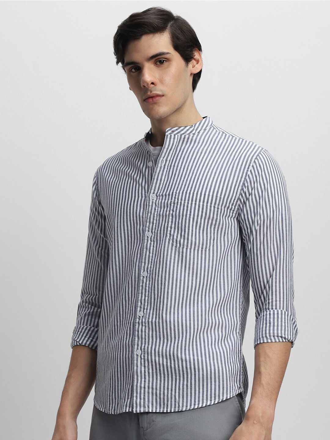 

Dennis Lingo Striped Band Collar Slim Fit Cotton Casual Shirt, Grey