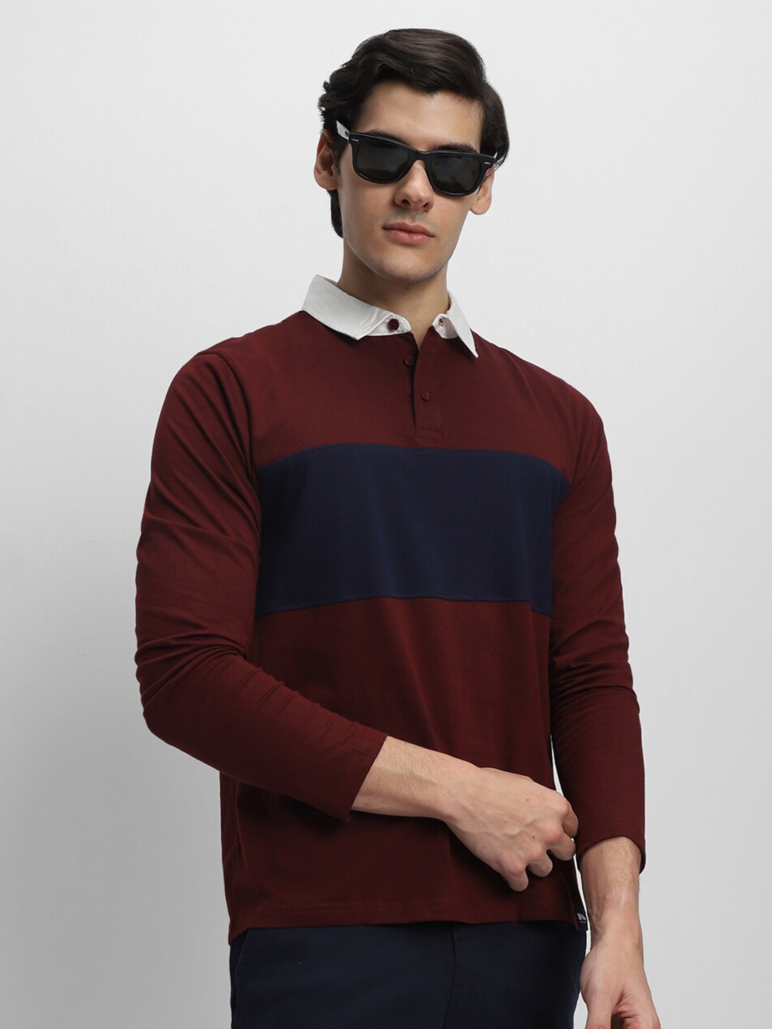 

Dennis Lingo Colourblocked Polo Collar Pure Cotton T-Shirt, Maroon