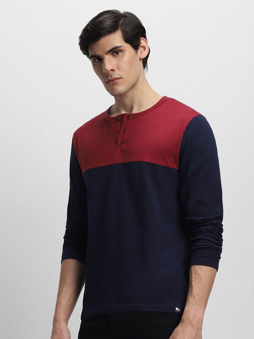 

Dennis Lingo Colourblocked Henley Neck Pure Cotton T-shirt, Navy blue