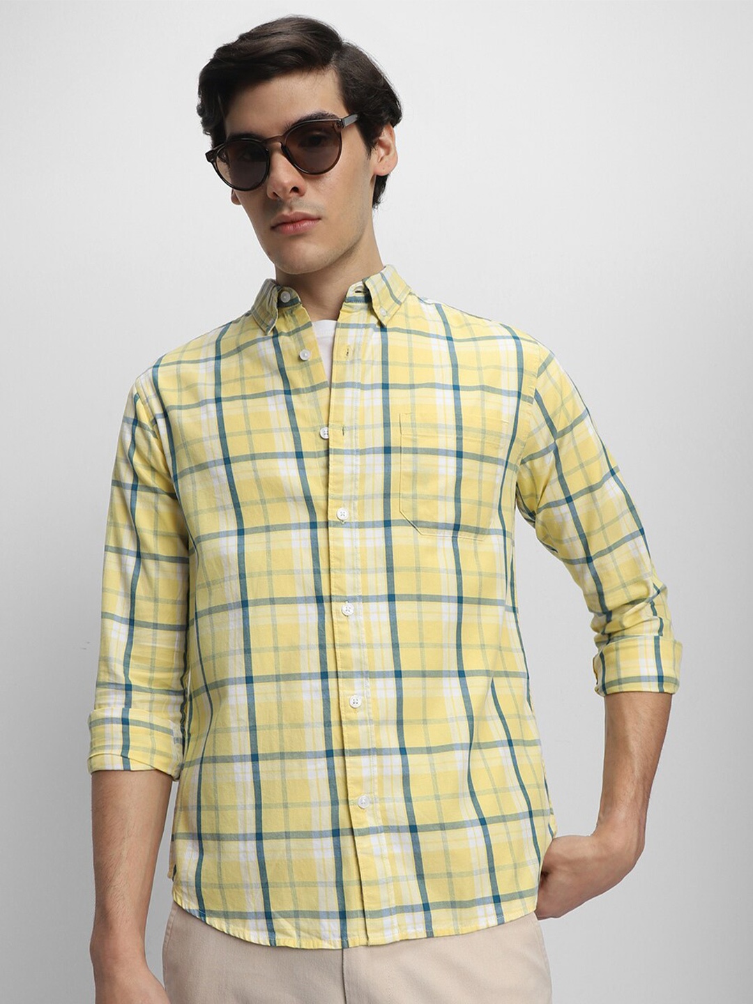 

Dennis Lingo Slim Fit Checked Pure Cotton Casual Shirt, Yellow