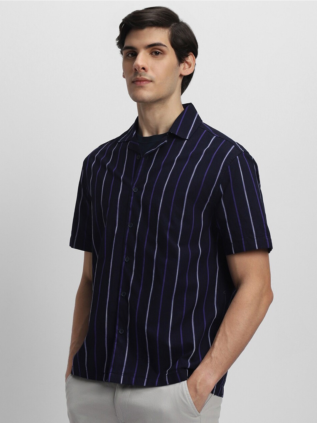 

Dennis Lingo Striped Spread Collar Boxy Fit Cotton Casual Shirt, Navy blue