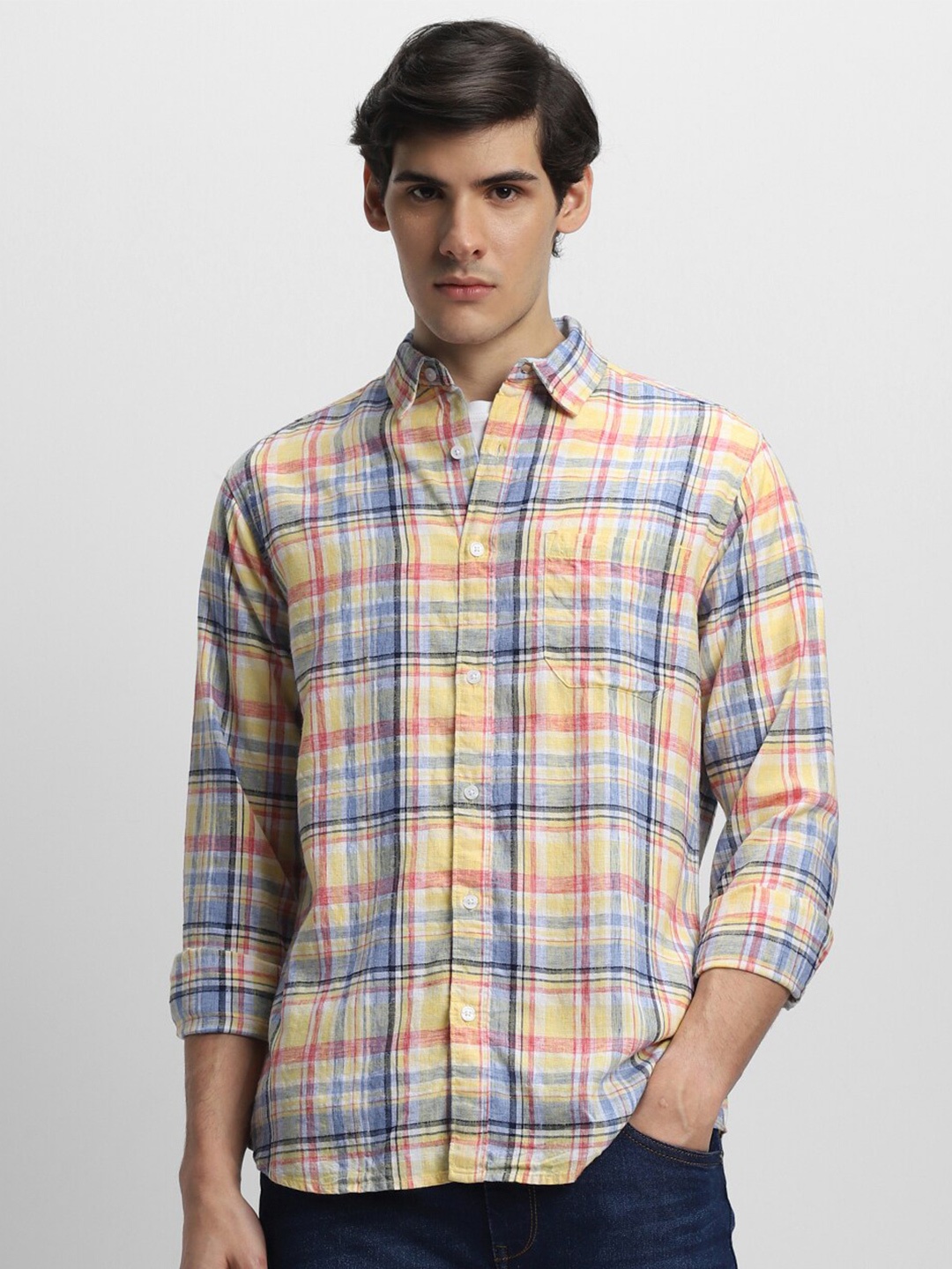 

Dennis Lingo Tartan Checked Pure Cotton Slim Fit Casual Shirt, Yellow