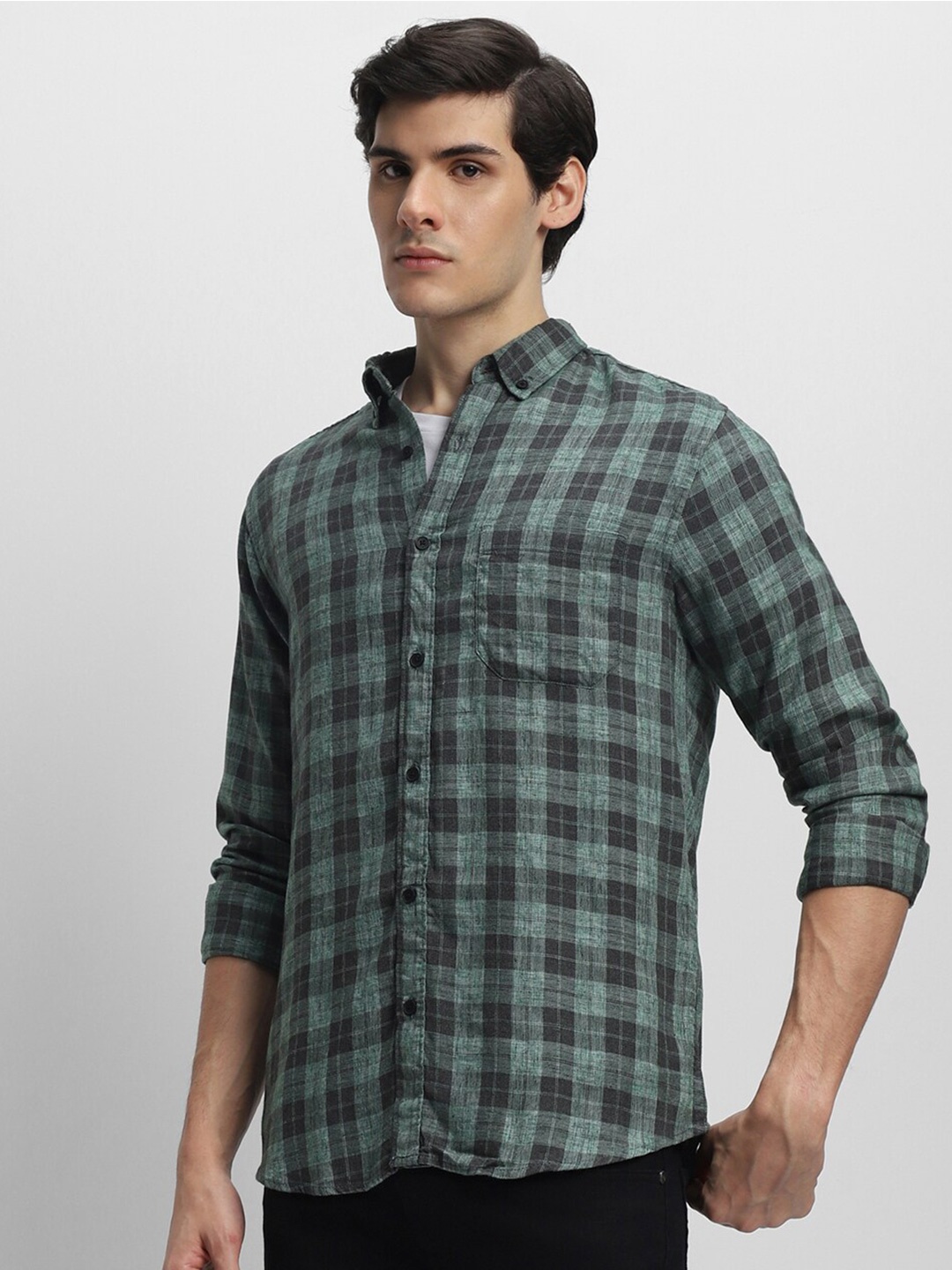 

Dennis Lingo Checked Spread Collar Slim Fit Cotton Casual Shirt, Olive