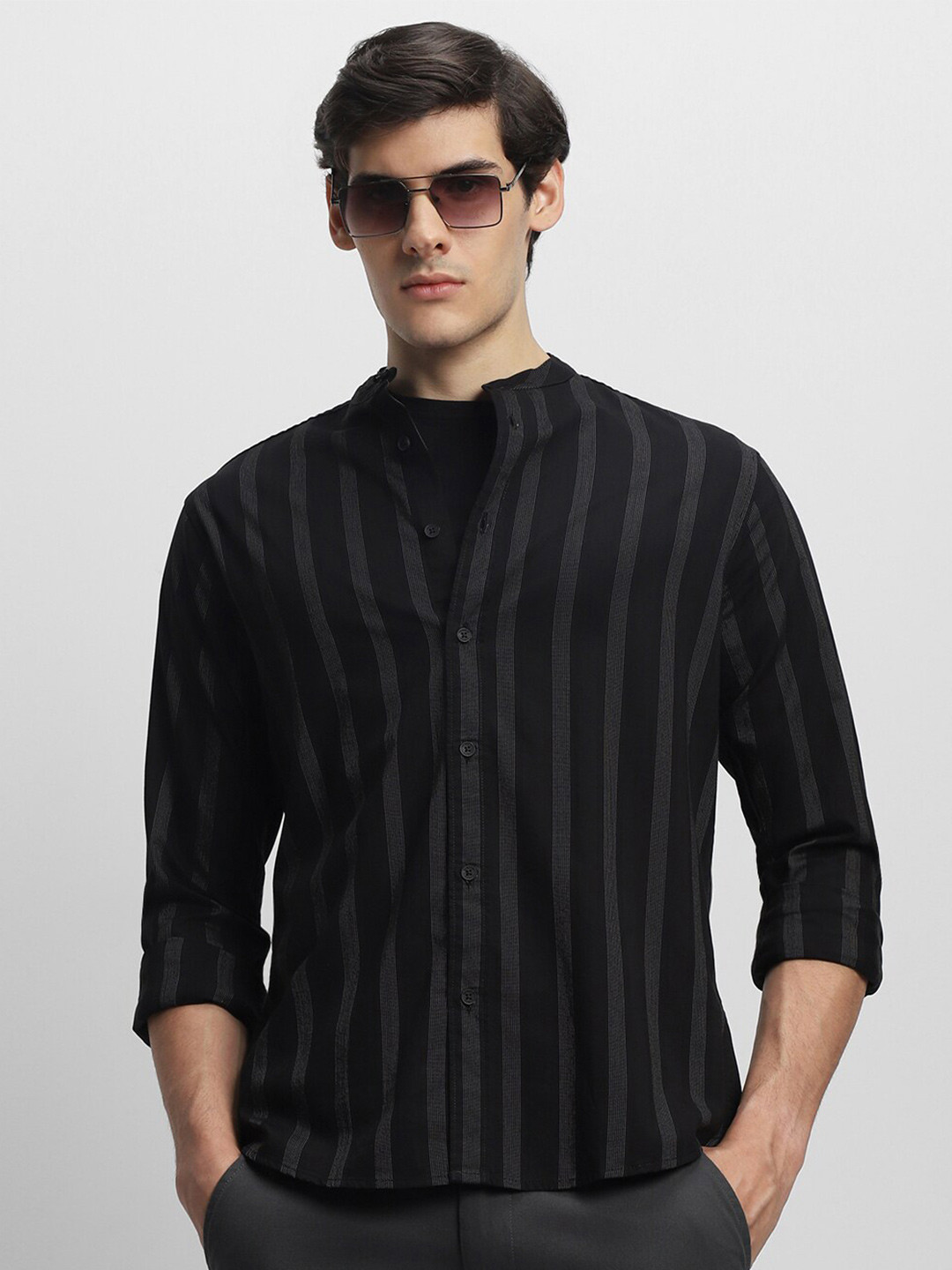 

Dennis Lingo Slim Fit Striped Mandarin Collar Pure Cotton Casual Shirt, Black