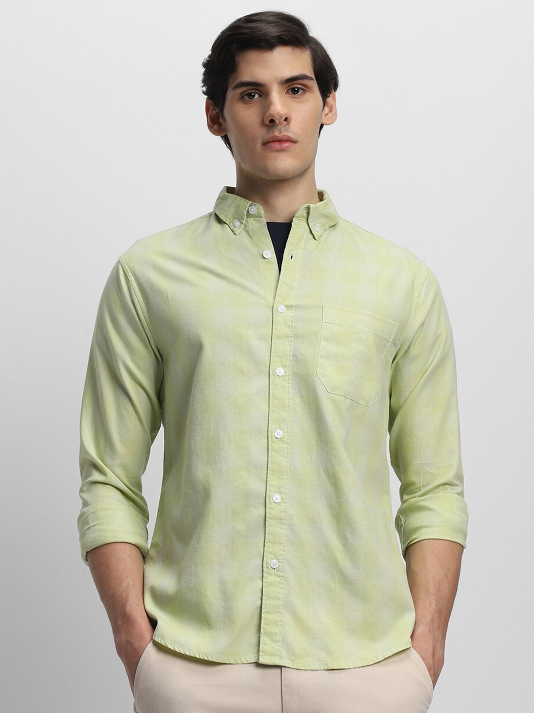 

Dennis Lingo Slim Fit Checked Button-Down Collar Pure Cotton Casual Shirt, Green