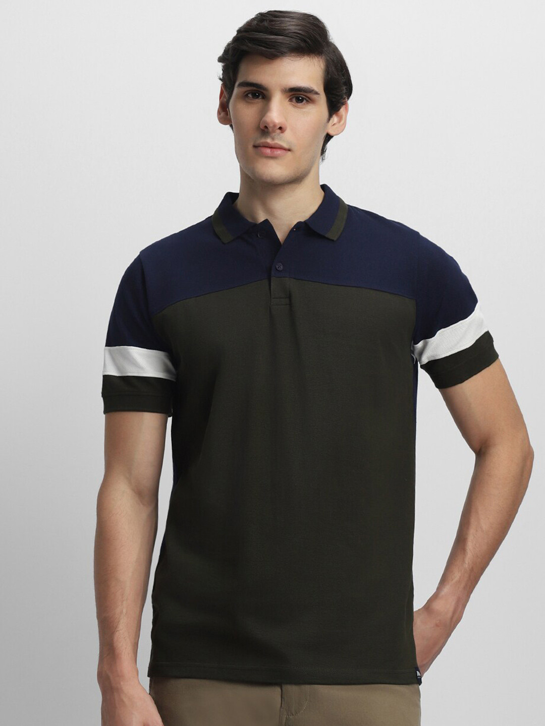

Dennis Lingo Colourblocked Polo Collar Pure Cotton T-Shirt, Olive