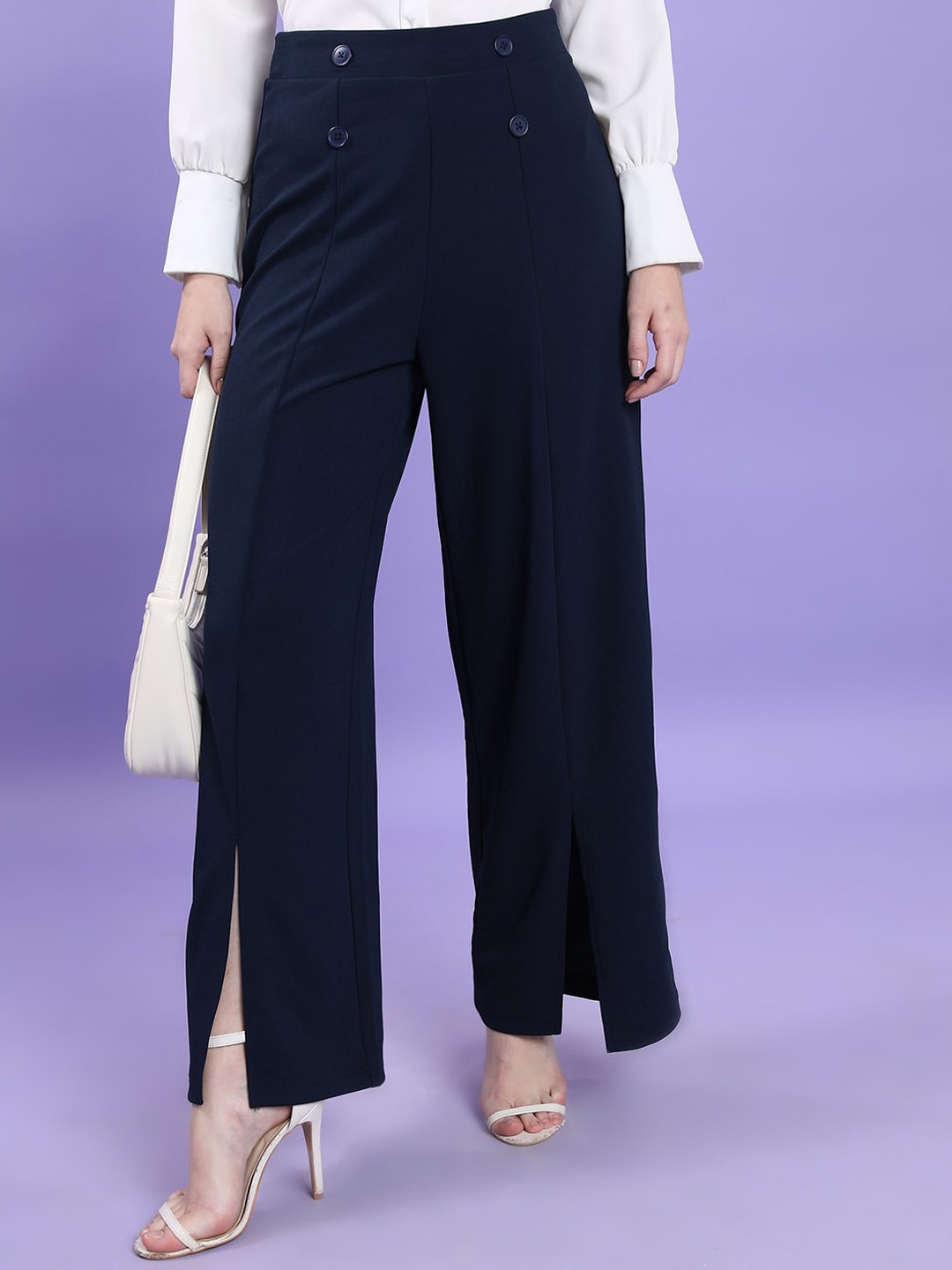 

CHIC BY TOKYO TALKIES Women Flared Fit Front Slits High-Rise Parallel Trousers, Navy blue