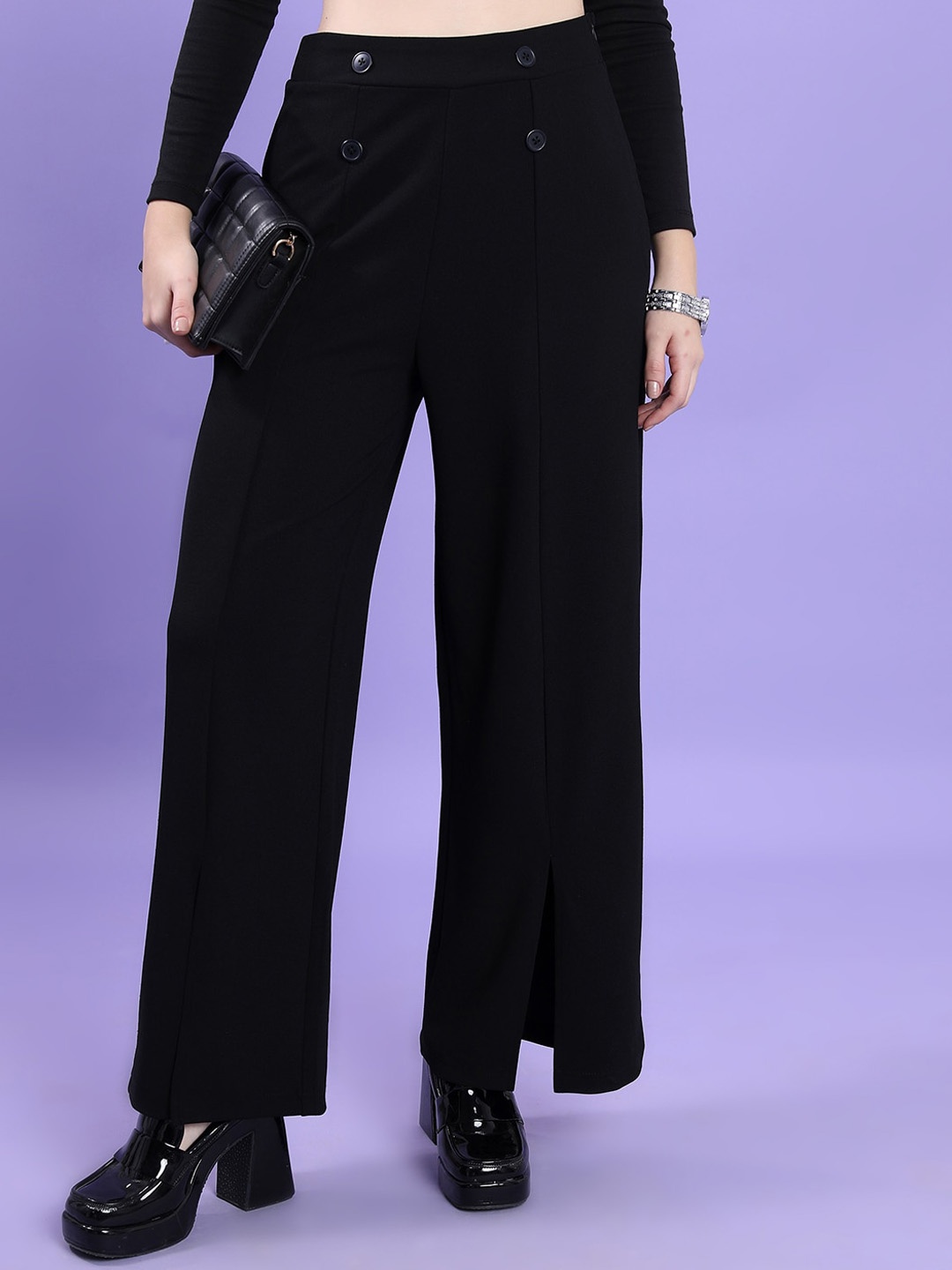 

CHIC BY TOKYO TALKIES Women Flared High Rise Parallel Trousers, Black