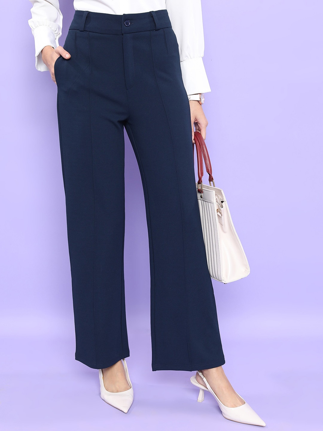 

CHIC BY TOKYO TALKIES Women Straight Fit High-Rise Parallel Trousers, Navy blue