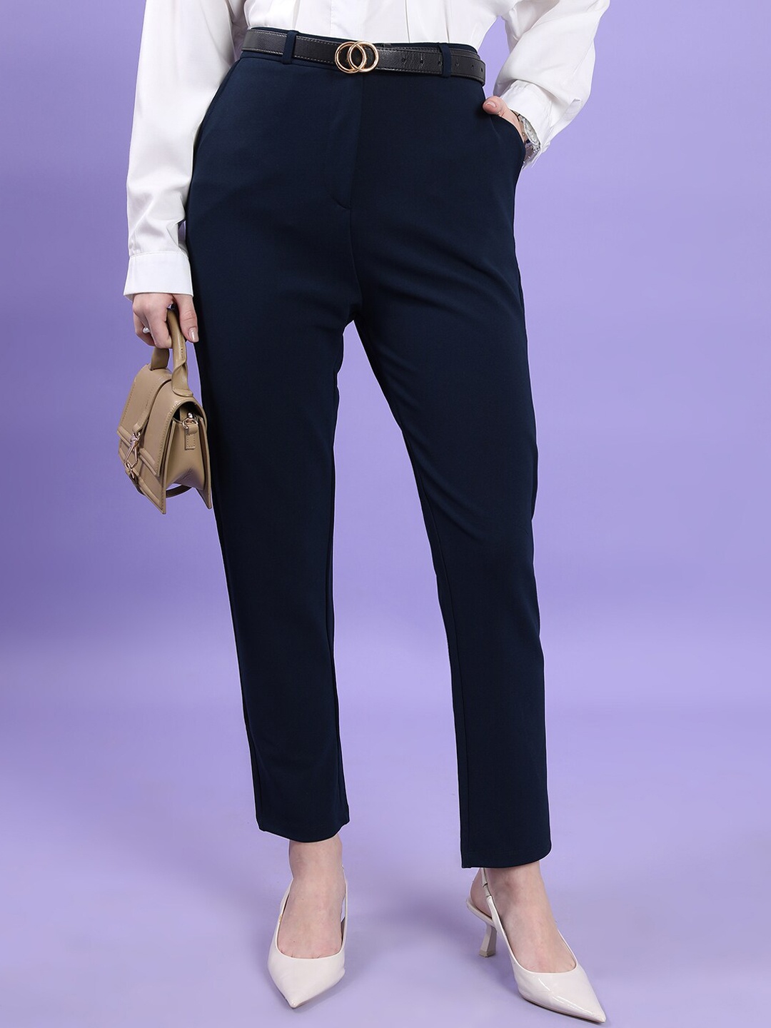 

CHIC BY TOKYO TALKIES Women Slim Fit High-Rise Formal Trousers, Navy blue