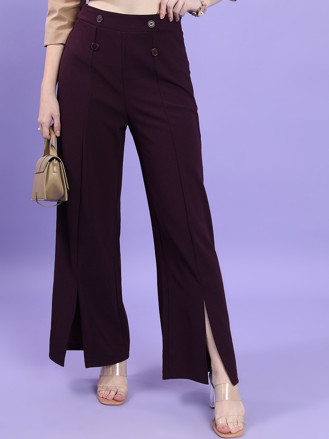 

CHIC BY TOKYO TALKIES Women High-Rise Flared Parallel Trousers, Purple