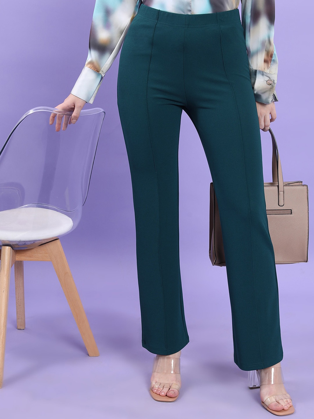 

CHIC BY TOKYO TALKIES Women High Rise Regular Trousers, Teal