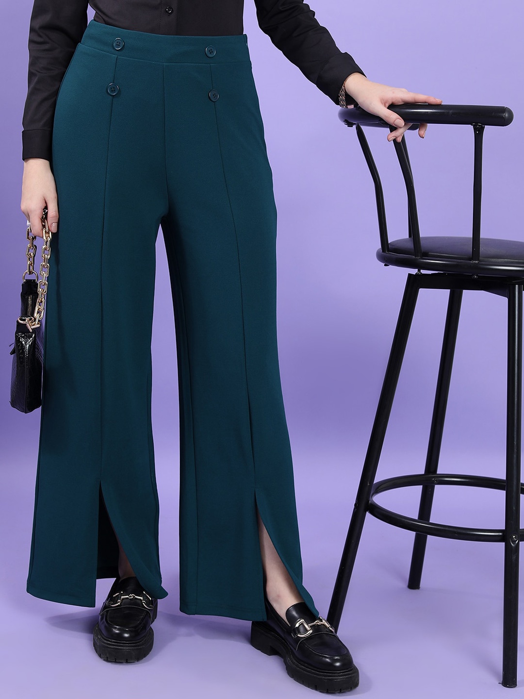 

CHIC BY TOKYO TALKIES Women Flared High Rise Parallel Trousers, Teal