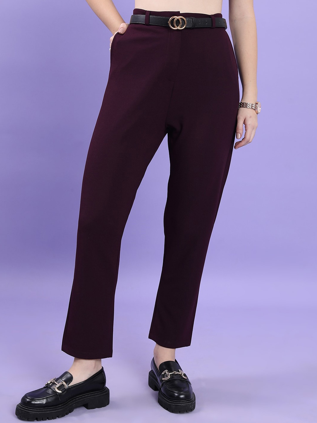 

CHIC BY TOKYO TALKIES Women Slim Fit High-Rise Trousers, Purple