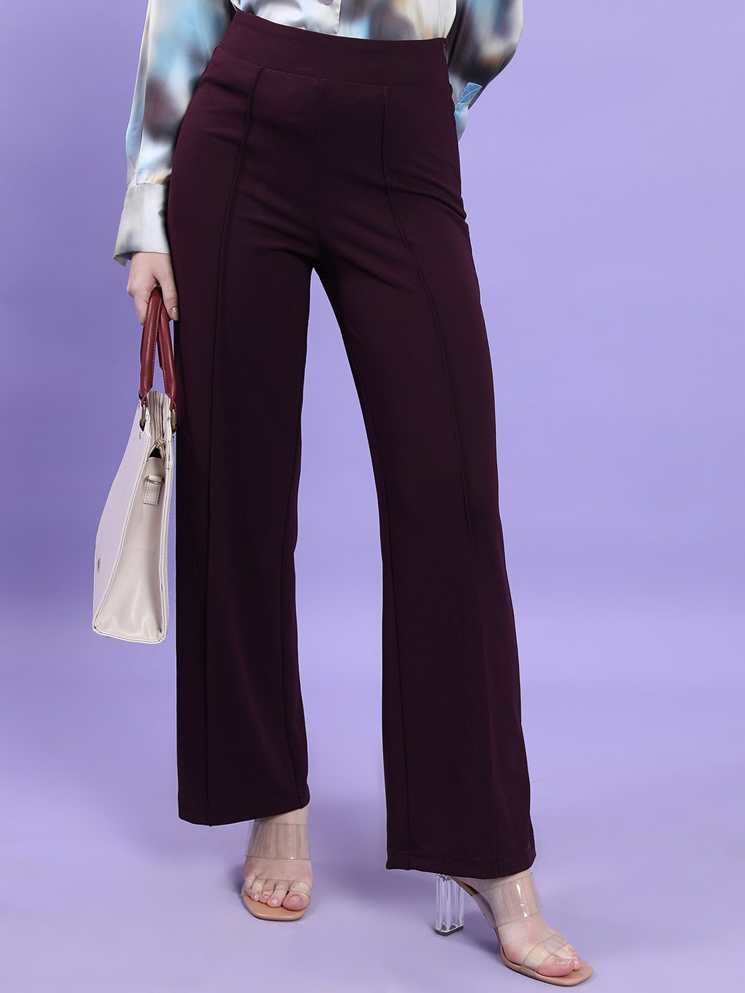

CHIC BY TOKYO TALKIES Women Flared Fit High-Rise Parallel Trousers, Purple