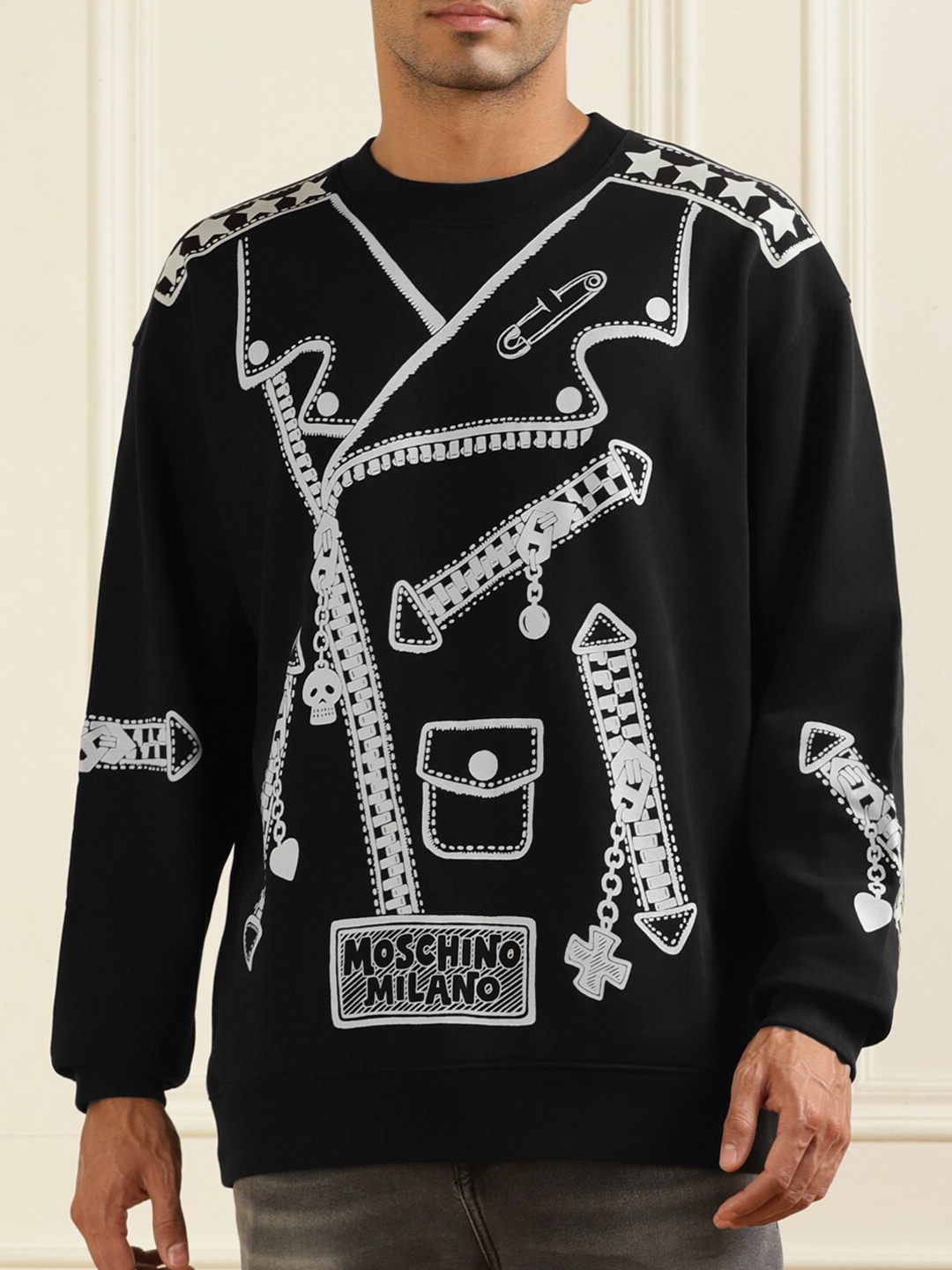 

MOSCHINO COUTURE Graphic Printed Pure Cotton Pullover Sweatshirt, Black