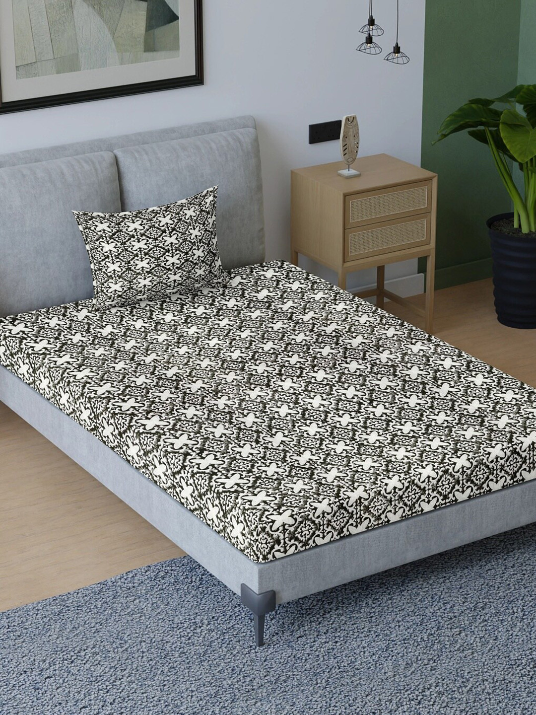 

Sangria Grey & White Geometric-Printed 200TC Pure-Cotton Single Bedsheet & Pillow Cover