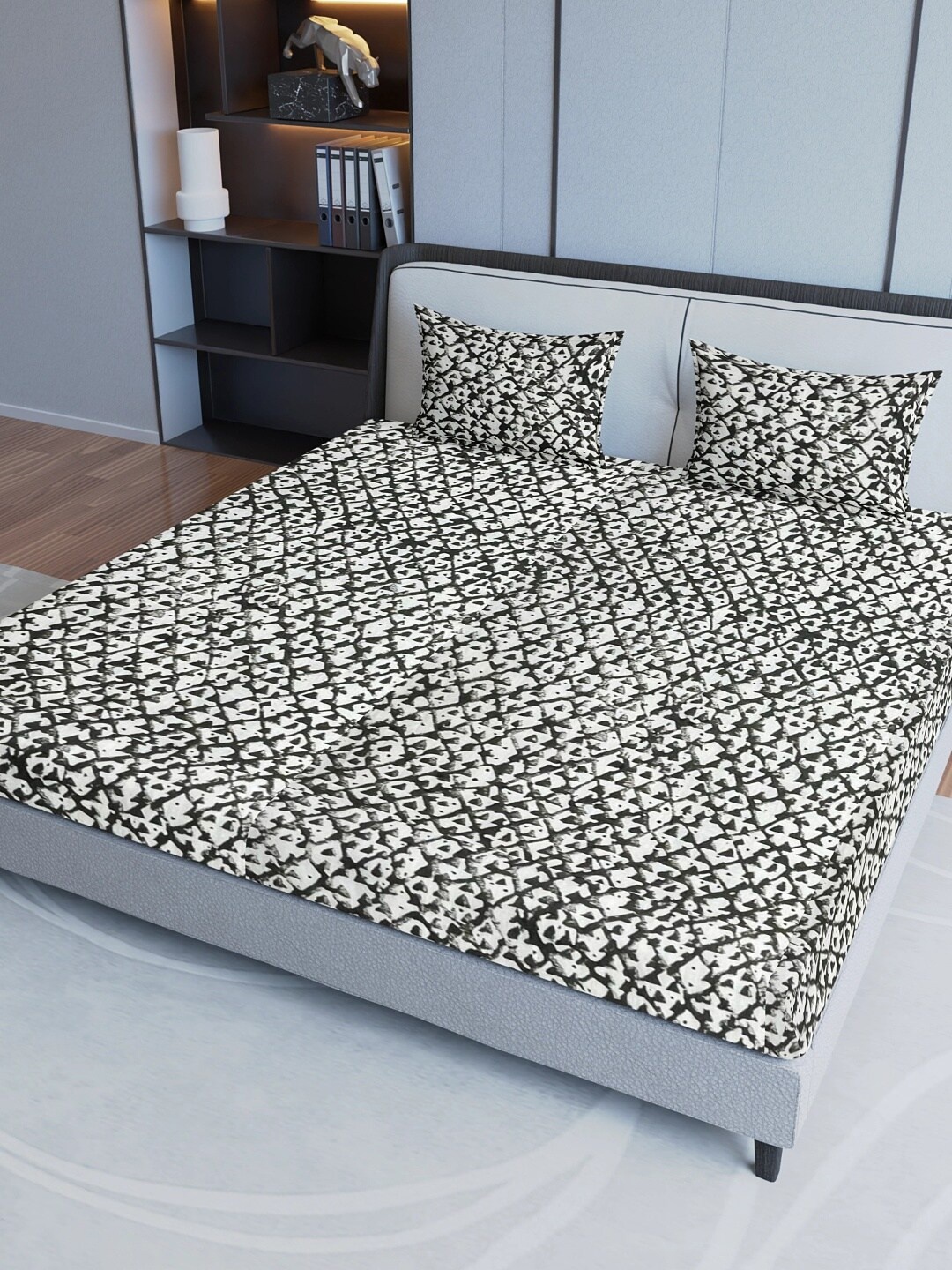 

Sangria Grey & White Printed 200TC Pure-Cotton King Bedsheet Set