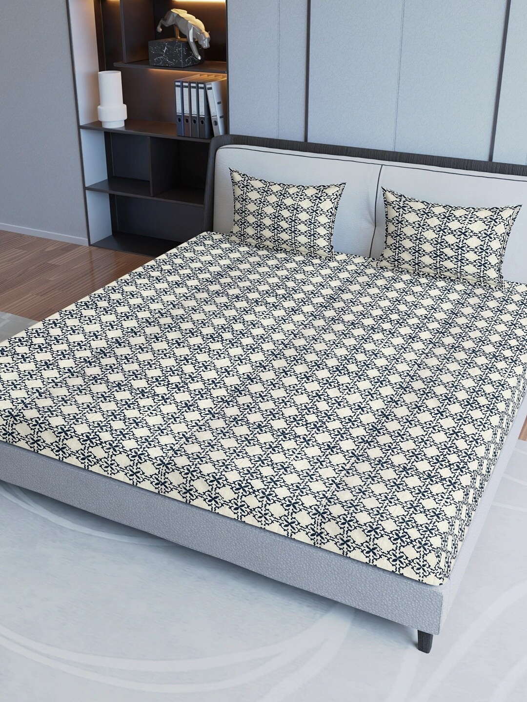 

Sangria White & Blue 200 TC Pure Cotton Fitted Queen Bedsheet With 2 Pillow Covers
