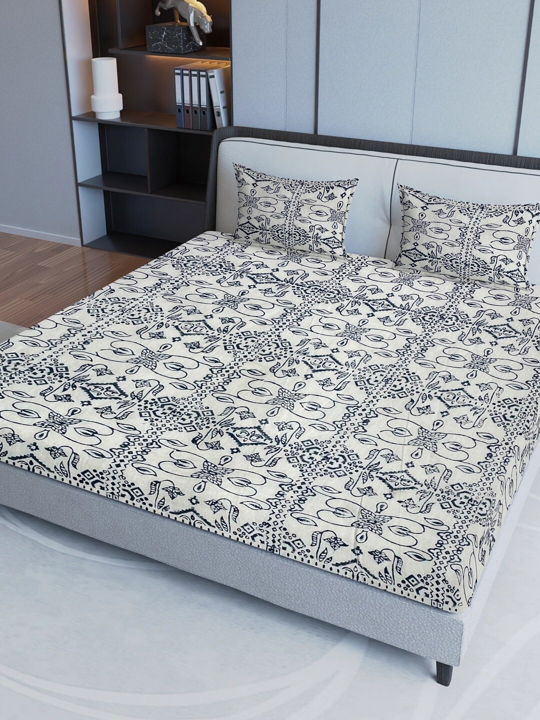 

Sangria Blue & White Printed 200TC Pure-Cotton Queen Bedsheet & 2 Pillow Covers