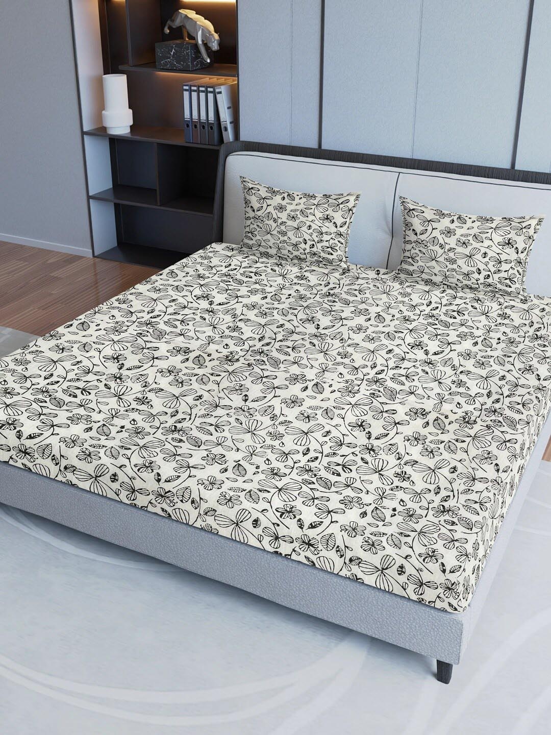 

Sangria Grey & White Printed Cotton 200 TC Queen Bedsheet With 2 Pillow Covers