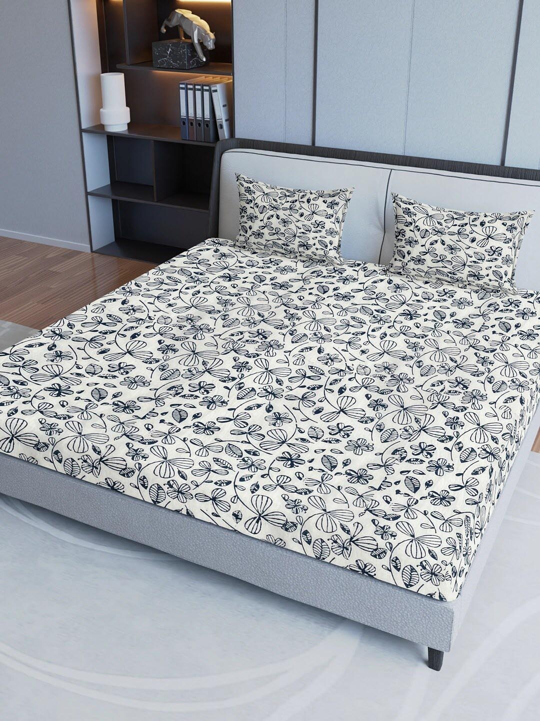 

Sangria White & Blue Floral 200 TC Pure Cotton Fitted Queen Bedsheet With 2 Pillow Covers