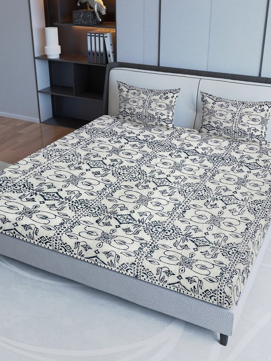 

Sangria Blue & Black Ethnic Motif-Printed 200TC Pure-Cotton Fitted Queen Bedsheet Set