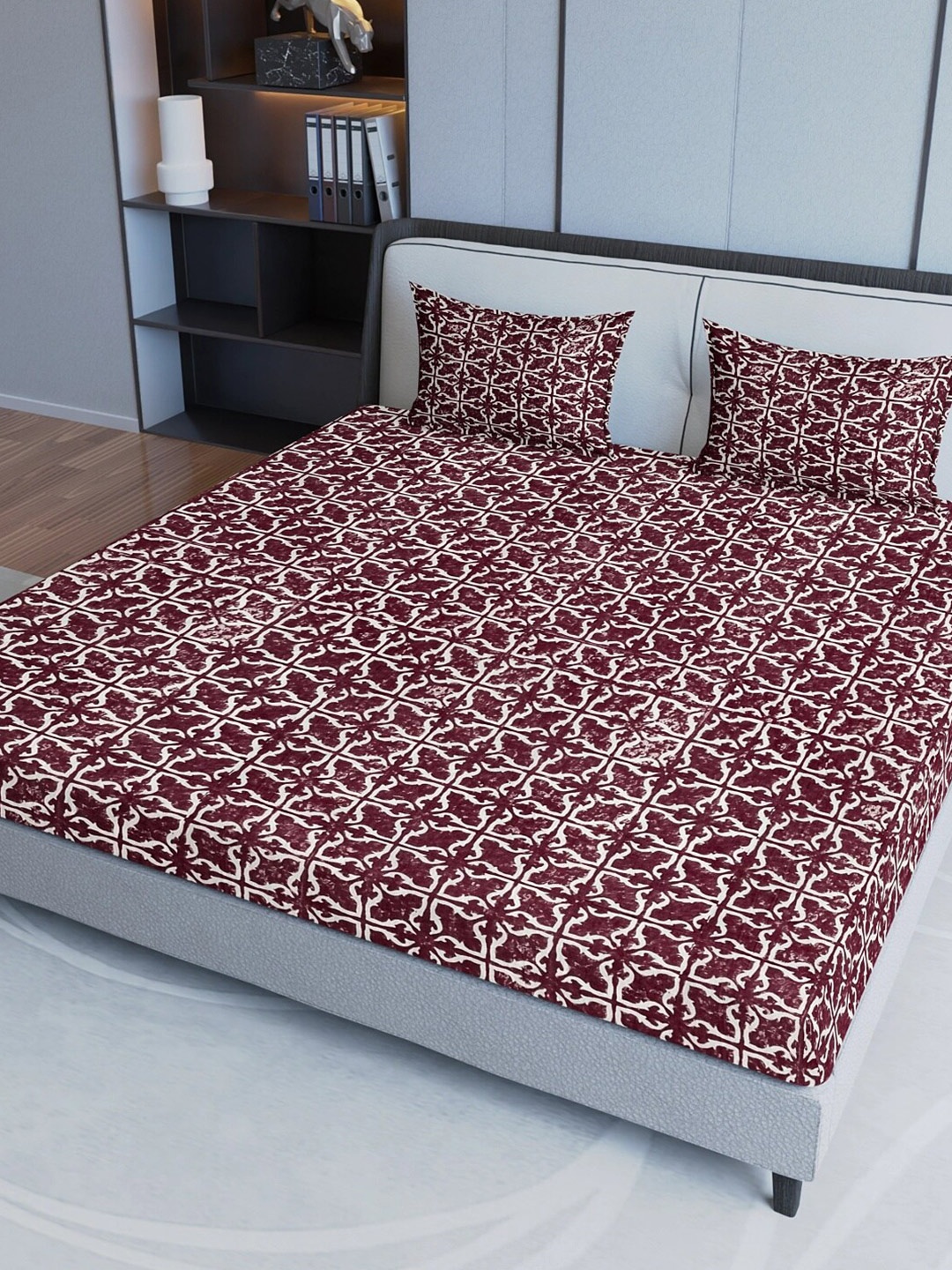 

Sangria Maroon & White Geometric Printed 200TC Pure Cotton Queen Bedsheet Set