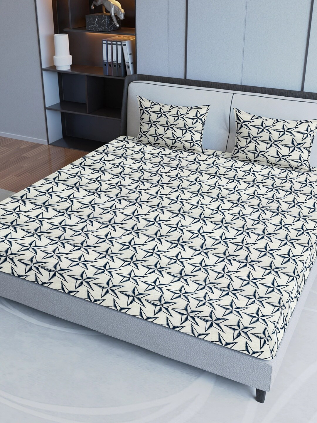 

Sangria Blue & Beige Geometric Pure Cotton 200 TC Queen Bedsheet With 2 Pillow Covers