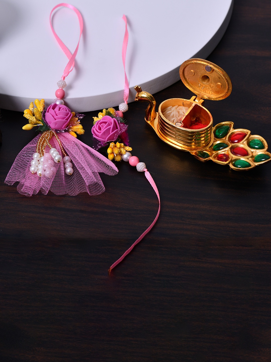 

Fashion Bizz Set Of 3 Rakhis With Roli Chawal & Pooja Thali, Gold