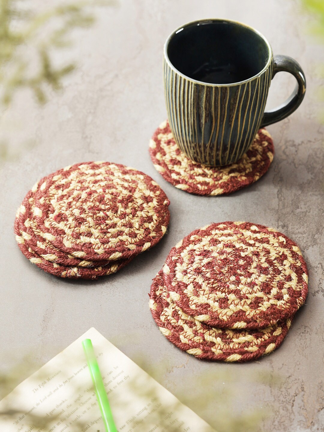 

eyda 6-Pcs Rust Red & Beige Textured Jute Coasters