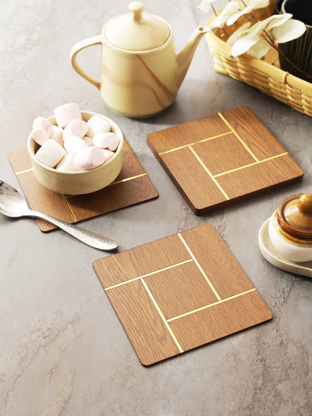 

eyda 6-Pcs Tan Brown Wooden Square Coasters