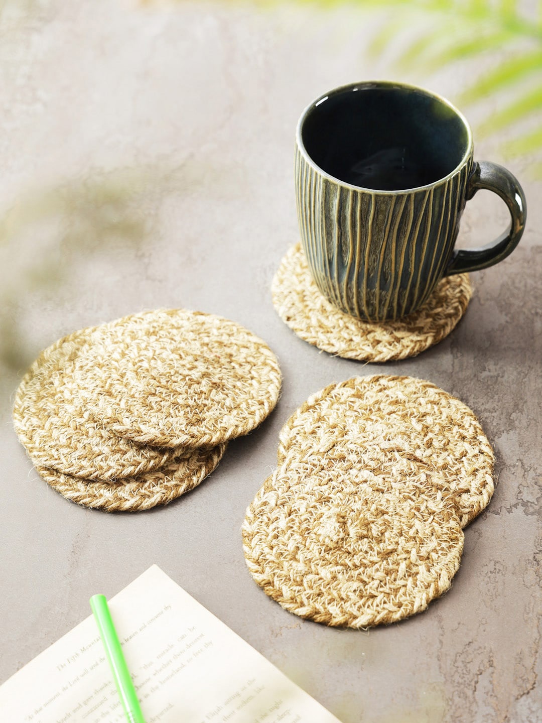 

eyda 6-Pcs Beige Self Design Round Coasters