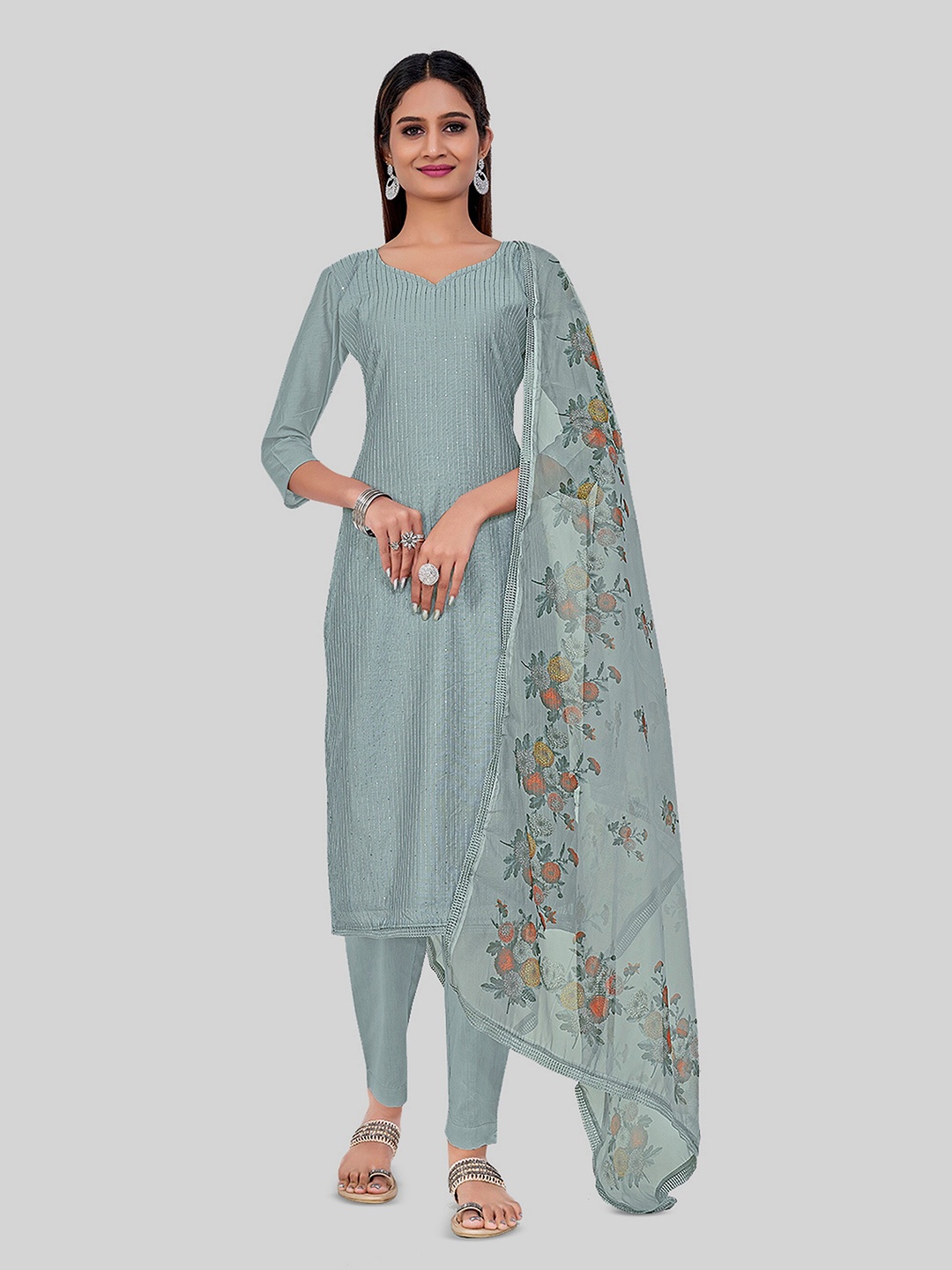 

TAVAS Striped Embroidered Unstitched Dress Material, Grey