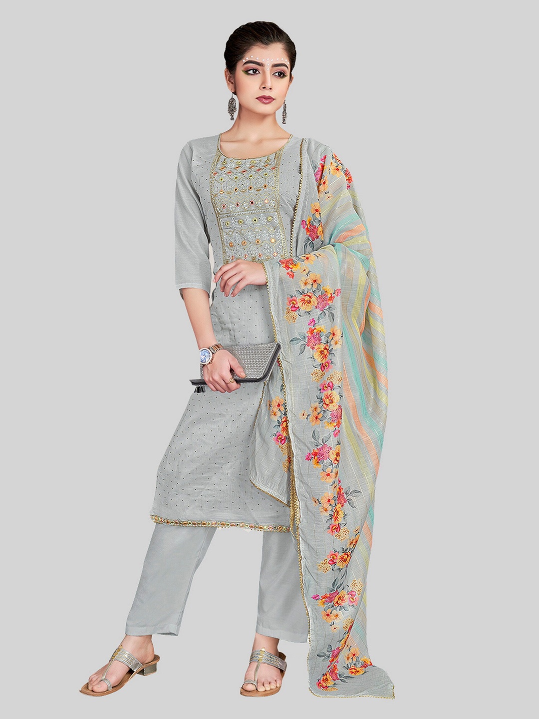 

TAVAS Floral Embroidered Unstitched Dress Material, Grey