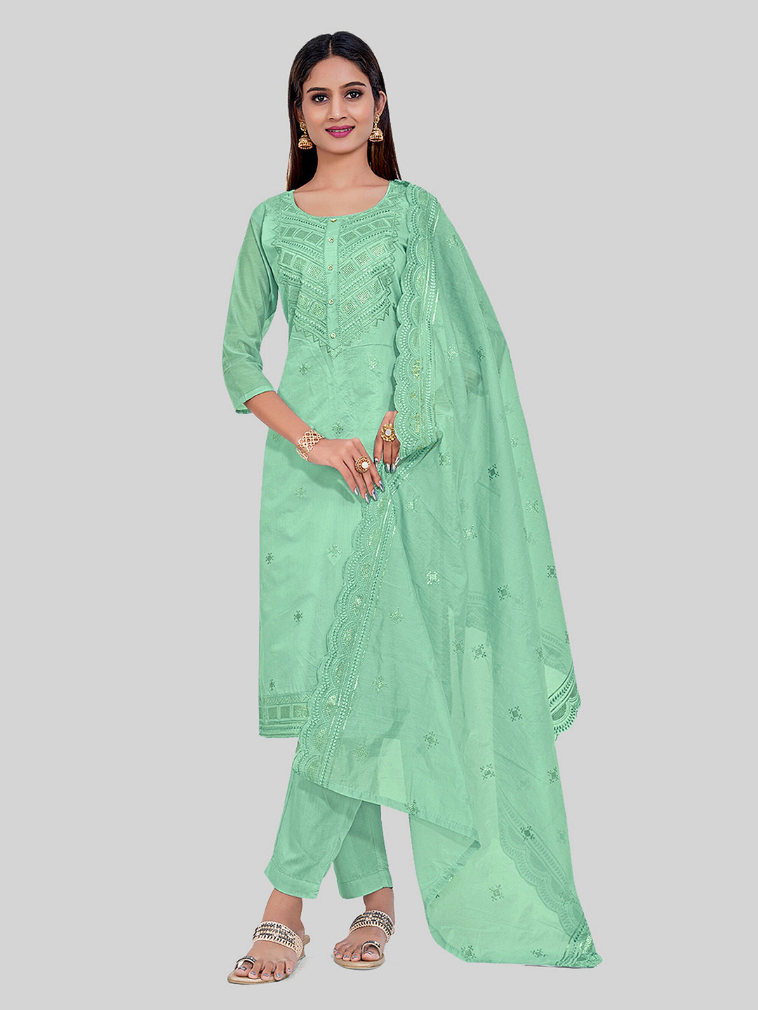 

TAVAS Floral Embroidered Unstitched Dress Material, Green