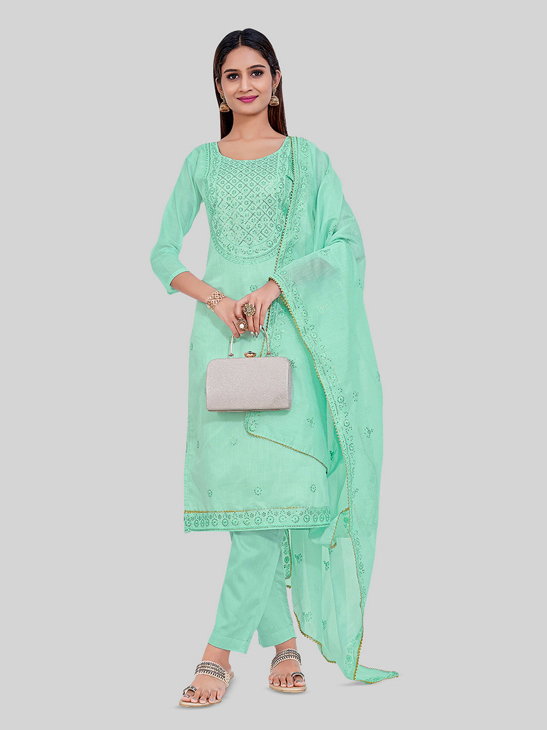 

TAVAS Floral lEmbroidered Unstitched Dress Material, Turquoise blue
