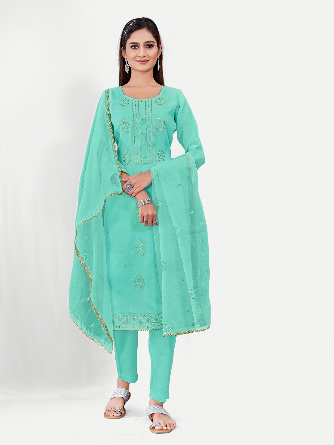 

TAVAS Floral Embroidered Unstitched Dress Material, Turquoise blue