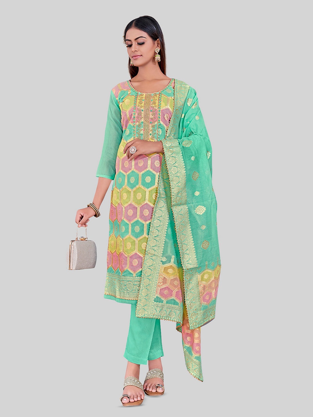 

TAVAS Embroidered Gotta Patti Unstitched Dress Material, Turquoise blue