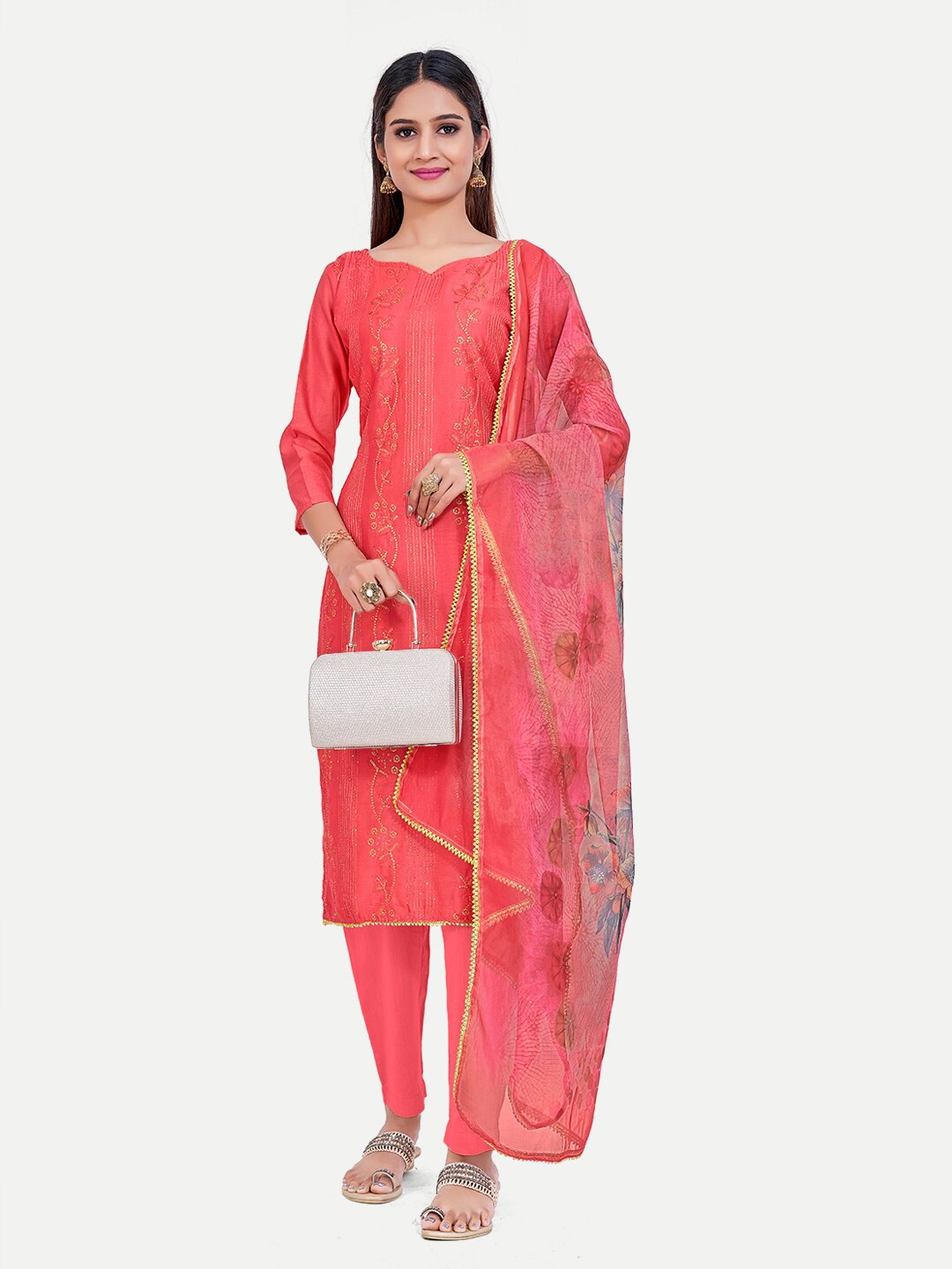 

TAVAS Floral Embroidered Unstitched Dress Material, Pink
