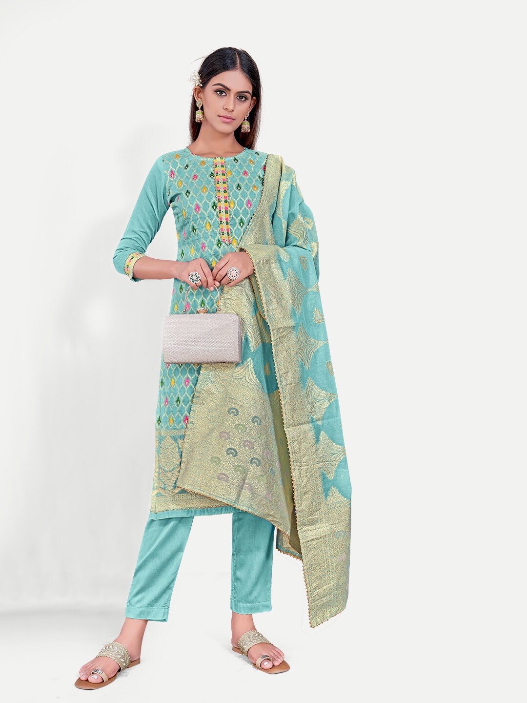 

TAVAS Embroidered Gotta Patti Unstitched Dress Material, Turquoise blue