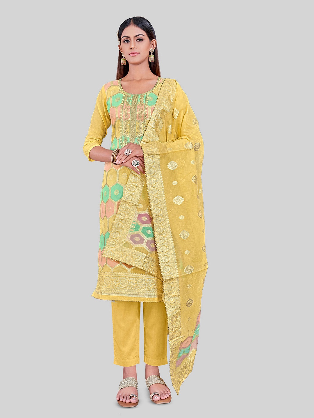 TAVAS Geometric Woven Design Unstitched Dress Material, Yellow