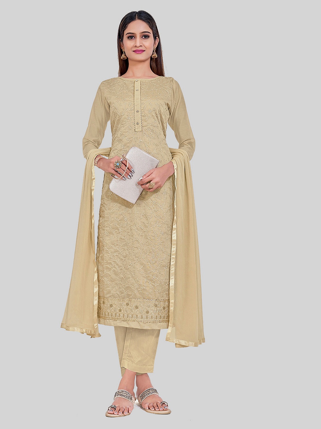 

TAVAS Embroidered Gotta Patti Unstitched Dress Material, Brown