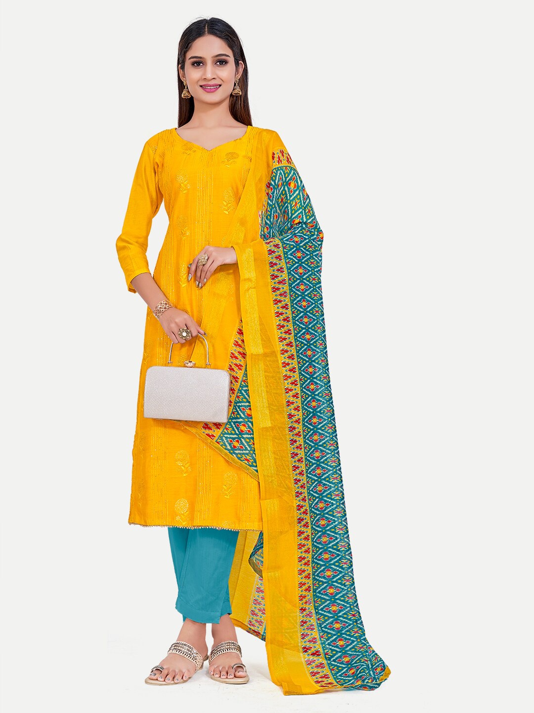 

TAVAS Embroidered Unstitched Dress Material, Yellow