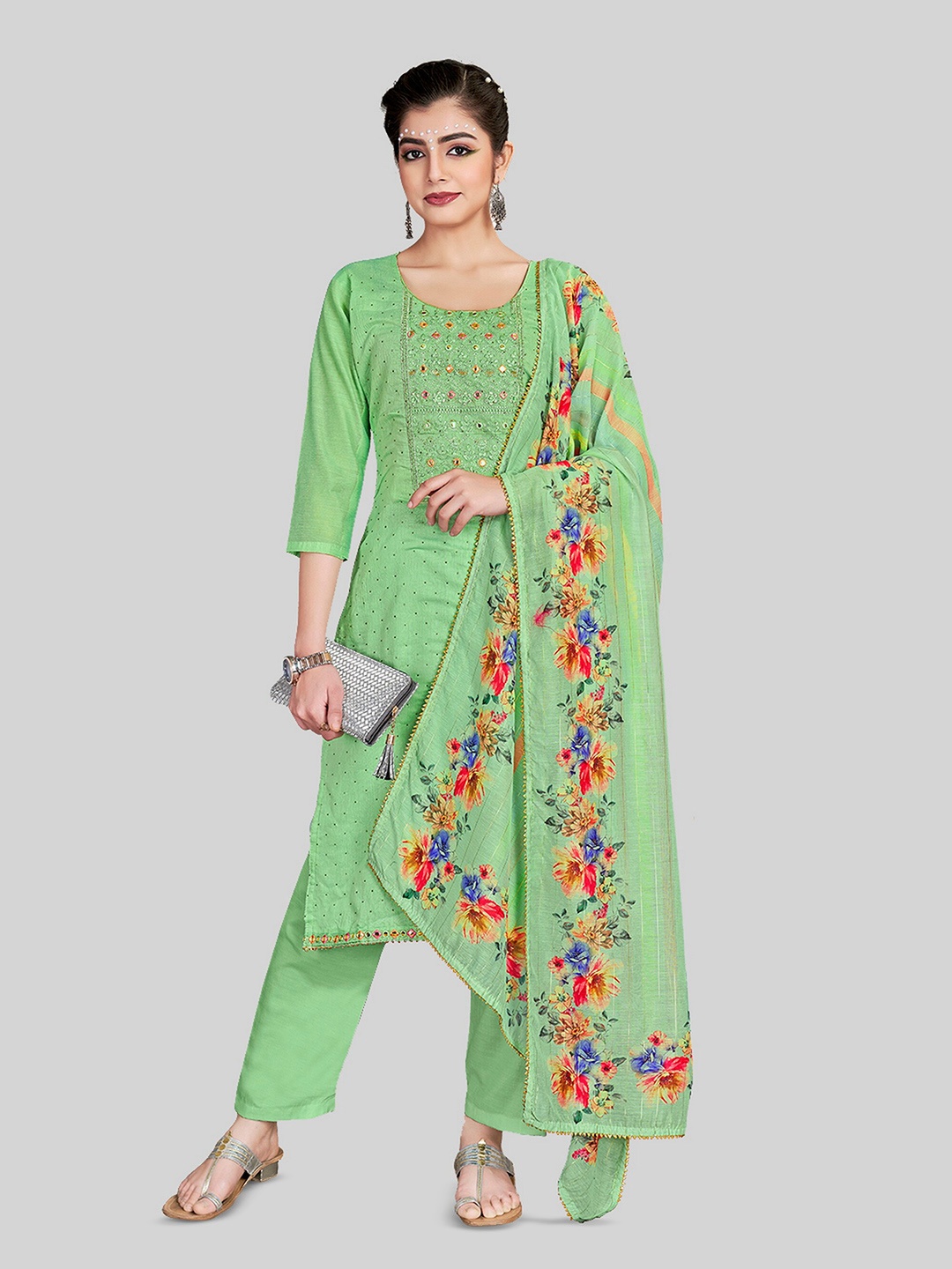

TAVAS Floral Embroidered Mirror Work Unstitched Dress Material, Green