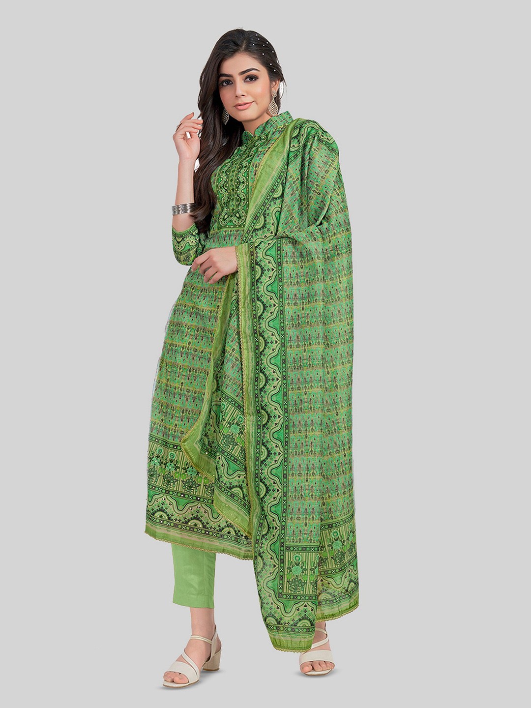 

TAVAS Floral Printed Unstitched Dress Material, Green