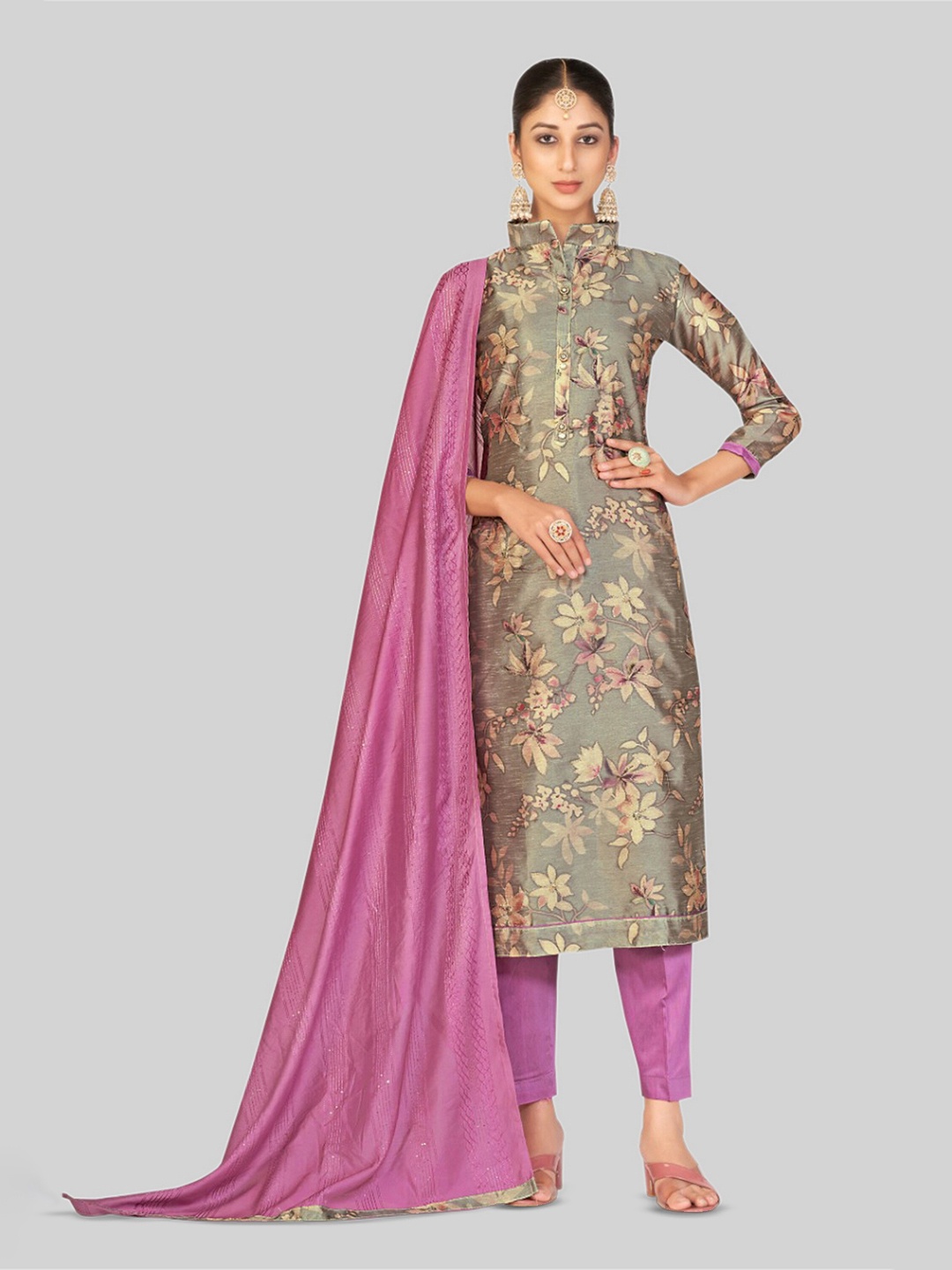 

TAVAS Floral Woven Design Unstitched Dress Material, Grey