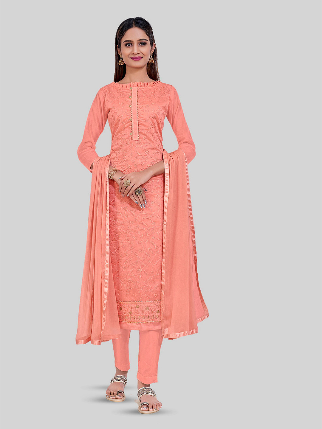 

TAVAS Floral Embroidered Gotta Patti Unstitched Dress Material, Peach